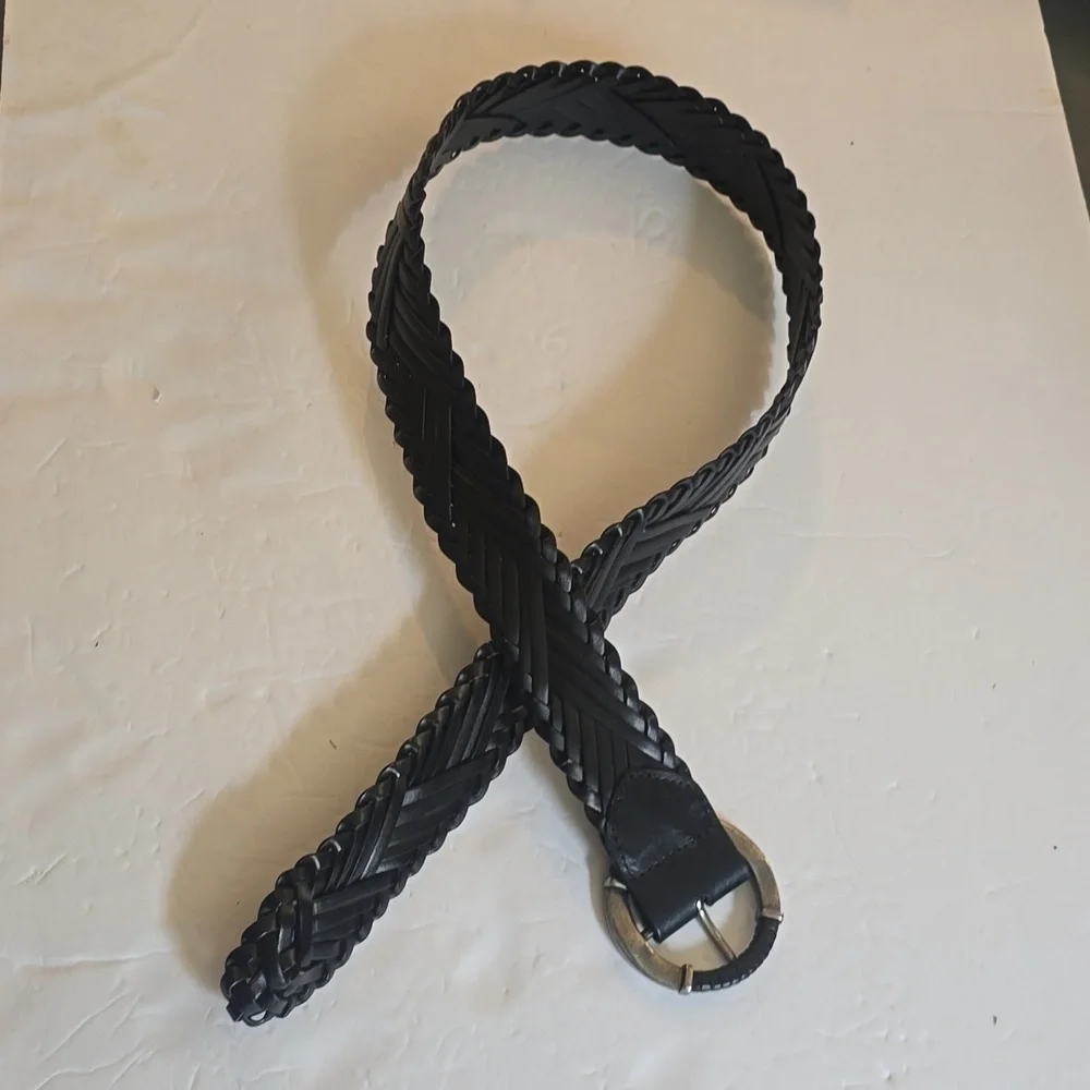 Faded Glory Mens Black leather Woven Silver Buckle Belt Vintage Sz.S/M